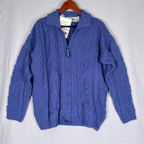 Aran Craft CableKnit Cardigan Womens Medium Blue Merino Wool Irish Fisherman NWT - Picture 1 of 10